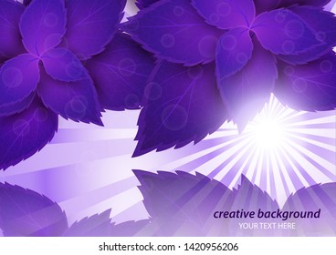 Bright creative leaves through the rays of the sun. Abstract poster with shining sun and blurred background. Vector illustration