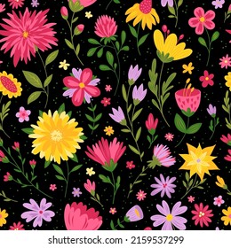 Bright and creative modern floral seamless pattern with stylized spring and summer abstract flowers. Botanical wallpaper, wrapping paper decor. Spring mood, summer vibe