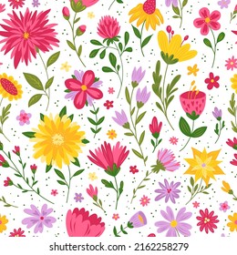 Bright and creative modern floral seamless pattern with stylized spring and summer abstract flowers. Botanical wallpaper, wrapping paper decor. Spring mood, summer vibe