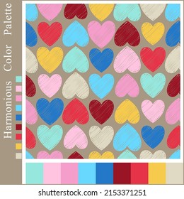 Bright Creative Seamless Pattern of Hearts with Blue, Brown, Red, Pink, Yellow Color Swatches. Continuous Universal Romantic Background of Simple Shapes with Colour Scheme.