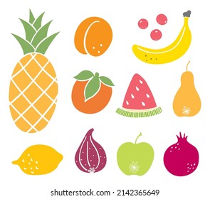 Bright creative set of fruits and berries. Hand-drawn with ink in doodle style. Pineapple, apricot, peach, cranberry, banana, persimmon, watermelon, pear, lemon, fig, apple, pomegranate.