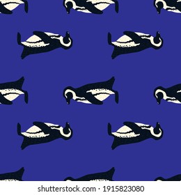 Luminoso zoológico creativo sin fisuras con simples siluetas de pingüino. Fondo azul. Fondo Doodle. Diseño gráfico para envolver texturas de papel y tela. Ilustración vectorial.