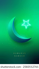 Bright crescent moon with glowing star against vibrant green backdrop symbolizes Ramadan