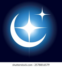 Bright crescent moon and stars on a glowing blue background, representing celestial beauty, cosmic energy, and the mysteries of the night sky. A magical icon for astrology and dreamlike aesthetics