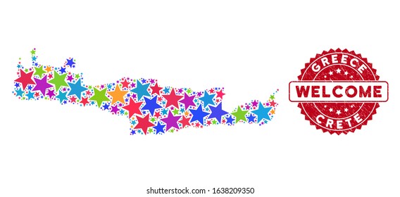 Bright Crete Island map composition of stars, and textured round red WELCOME stamp seal. Abstract geographic plan in bright color tints. Vector Crete Island map is designed of color stars.
