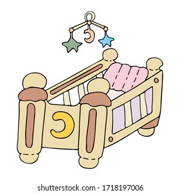 Bright crib (cradle) for sleeping with pillow and rattle. Hand drawn vector illustration. Wooden cradle engraved with crescent moon. Best design for kids room, invitation, album. Coloring page.