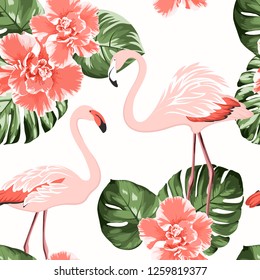 Bright crimson camelia flowers, exotic pink flamingo birds, tropical monstera philodendron green leaves. Trendy seamless pattern on white background.
