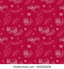 Patrón vectorial de crimson brillante hecho de ilustraciones de plumas, cintas con letras y corazones para valentinas o paquete de boda, decoración, invitación, tarjeta, afiche, textil