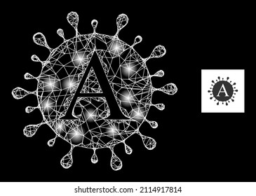 Bright crossing mesh Alpha coronavirus icon with glowing light spots. Illuminated model generated using Alpha coronavirus vector icon and crossing lines. Bright carcass Alpha coronavirus,