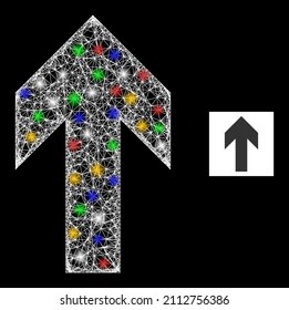 Bright crossing mesh up arrow direction with multicolored lightspots. Illuminated vector mesh created from up arrow direction pictogram. Sparkle carcass mesh up arrow direction, on a black backgound.