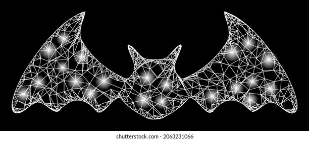 Ratón de murciélago de malla cruzada brillante con puntos brillantes. Marco vectorial basado en el icono del ratón del murciélago y con líneas de cruce. Parkle carcass ratón murciélago poligonal sobre un fondo negro.