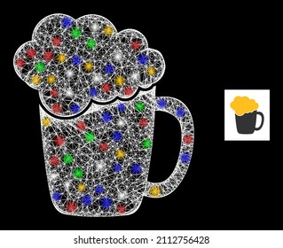 Bright crossing mesh beer glass foam with vibrant flash nodes. Illuminated vector carcass created from beer glass foam symbol. Sparkle carcass mesh beer glass foam, on a black backgound.