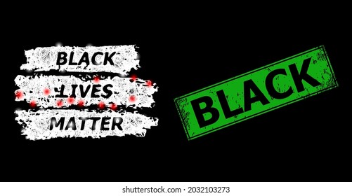 Bright crossing mesh black lives matter model with flash nodes, and green rectangle textured Black seal print. Constellation vector model created from black lives matter icon and crossing white lines.