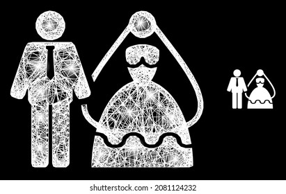 Bright crossing mesh bride and groom with light spots on a black background. Bright vector mesh is created from bride and groom icon, with intersected network and light spots.