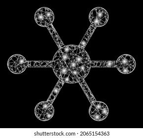 Bright crossing mesh central node with light spots. Vector frame based on central node icon, and from crossing lines. Flare carcass mesh central node on a black background.
