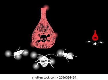 Bright crossing mesh cockroach poison with light spots on a black background. Bright vector mesh based on cockroach poison glyph, with linear network and light dots.
