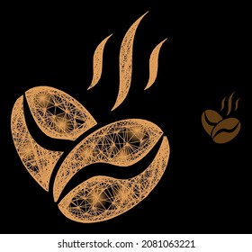 Bright crossing mesh coffee beans aroma with light spots on a black background. Light vector mesh is created from coffee beans aroma glyph, with hatched network and light spots.