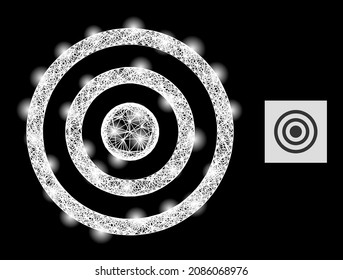 Icono de círculos concéntricos de malla cruzada brillante con manchas claras y malla blanca sobre un fondo negro. Constelación vectorial brillante basada en el símbolo de círculos concéntricos,