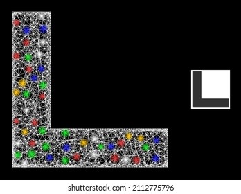 Bright crossing mesh corner with multi colored bright dots. Illuminated vector carcass created from corner icon. Sparkle carcass mesh corner, on a black backgound.