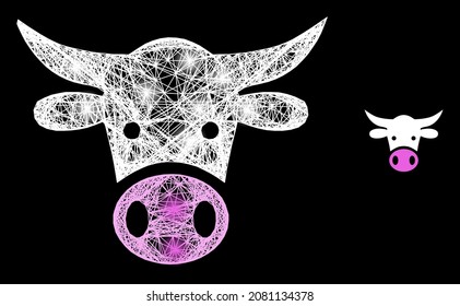 Bright crossing mesh cow head with glowing spots on a black background. Light vector structure based on cow head picture, with linear mesh and light spots.