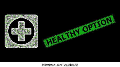 Bright crossing mesh create frame with bright dots, and green rectangular unclean Healthy Option stamp seal. Constellation vector structure created from create pictogram and intersected white lines.