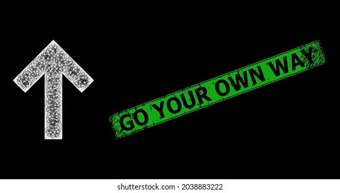 Bright crossing mesh up direction arrow wireframe with flash nodes, and green rectangle rubber Go Your Own Way stamp.