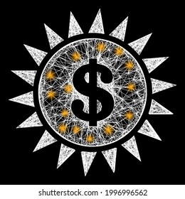 Bright crossing mesh dollar shine frame with glowing spots. Constellation vector model created from dollar shine pictogram and crossing white lines. Sparkle constellation mesh dollar shine,