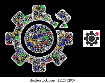 Bright crossing mesh gear break with vibrant bright dots. Illuminated vector structure created from gear break pictogram. Sparkle constellation mesh gear break, on a black backgound.