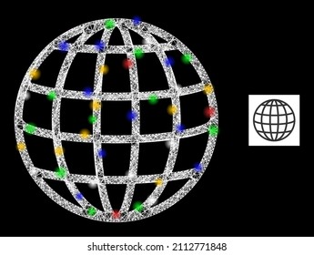 Bright crossing mesh global with multi colored light dots. Illuminated vector carcass created from global pictogram. Sparkle carcass mesh global, on a black backgound.