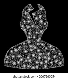 Bright crossing mesh head crash with light spots. Vector model based on head crash icon, and from crossing lines. Illuminated carcass mesh head crash on a black background.