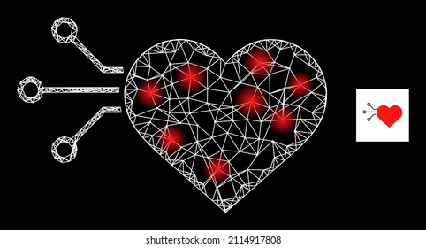 Bright crossing mesh heart sensor icon with bright spots. Illuminated constellation done using heart sensor vector icon and crossing lines. Constellation carcass heart sensor, on a black background.