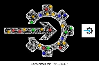 Engranaje de integración de malla de cruce brillante con puntos brillantes. Marco vectorial iluminado creado a partir del símbolo del engranaje de integración. Equipo de integración poligonal de la constelación de espuma, sobre un fondo negro.