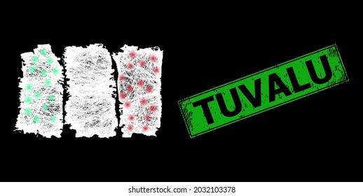Bright crossing mesh Italy flag frame with flash nodes, and green rectangular rubber Tuvalu stamp seal. Illuminated vector model created from Italy flag pictogram and crossing white lines.