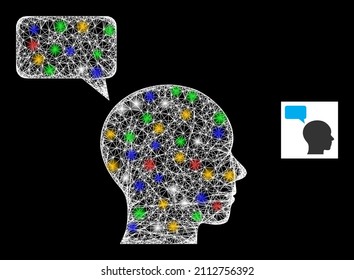 Bright crossing mesh man mention with multicolored bright dots. Illuminated vector mesh created from man mention icon. Sparkle constellation polygonal man mention, on a black backgound.