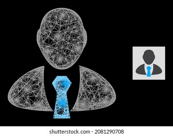Bright crossing mesh manager with glowing spots on a black background. Light vector mesh based on manager picture, with hatched net and light spots.