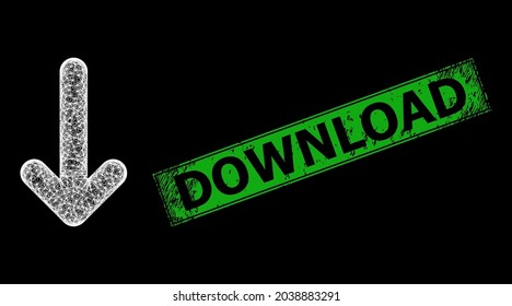 Bright crossing mesh move down frame with flash nodes, and green rectangular corroded Download seal. Constellation vector mesh created from move down pictogram and crossing white lines.