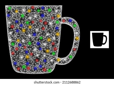 Bright crossing mesh mug with multi colored bright dots. Illuminated vector mesh created from mug symbol. Sparkle frame mesh mug, on a black backgound.