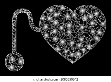 Bright crossing mesh pacemaker with glowing spots. Vector frame created from pacemaker icon, and from crossing lines. Illuminated frame mesh pacemaker on a black background.