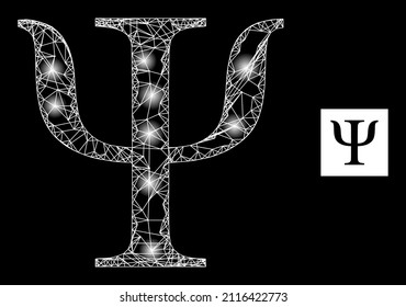 Bright crossing mesh Psi Greek letter icon with sparkle spots. Illuminated constellation created from Psi Greek letter vector icon and crossing lines. Constellation frame Psi Greek letter,