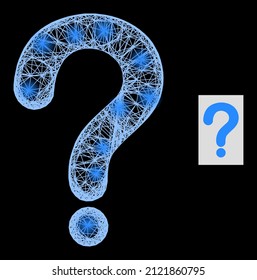 Bright crossing mesh question mark with light spots on a black background. Light vector model is based on question mark symbol, with linear mesh and light dots.