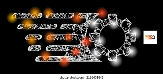 Bright crossing mesh rush gear icon with bright spots. Illuminated constellation done using rush gear vector icon and crossing lines. Illuminated carcass rush gear, on a black background.
