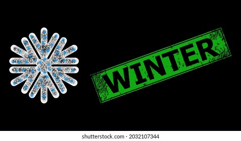 Brillante cruzando la malla de la canal de copos de nieve con manchas brillantes, y rectángulo verde corroido sello de invierno. Marco vectorial iluminado creado a partir del símbolo de copo de nieve y cruzando líneas blancas.