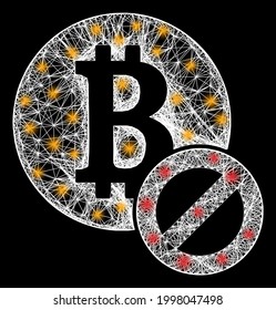 Bright crossing mesh stop bitcoin wireframe with light dots. Illuminated vector structure created from stop bitcoin icon and crossing white lines. Sparkle carcass mesh stop bitcoin,