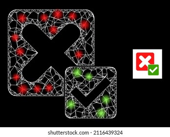 Bright crossing mesh true negative icon with bright light spots. Illuminated constellation is generated from true negative vector icon and crossing lines. Sparkle frame true negative,