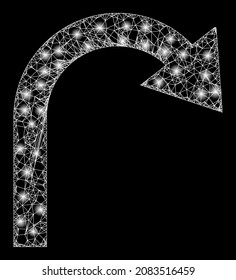 La malla de cruce brillante gira la flecha hacia atrás con puntos brillantes. Cápsula vectora basada en el icono de flecha de retorno y con líneas de cruce. La malla de la canal de la bengala gira la flecha hacia atrás sobre un fondo negro.