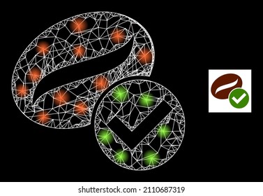 Bright crossing mesh valid coffee icon with majestic light spots. Illuminated constellation created using valid coffee vector icon and crossing lines. Sparkle frame valid coffee,