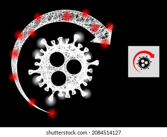Icono de retorno de virus de malla cruzada brillante con manchas brillantes y malla blanca en un fondo negro. La malla vectorial brillante se basa en el glifo de retorno de virus, con malla blanca lineal y puntos de luz aleatorios.