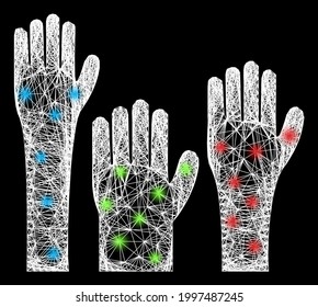 Bright crossing mesh voting hands model with light dots. Constellation vector frame created from voting hands pictogram and crossing white lines. Sparkle constellation mesh voting hands,