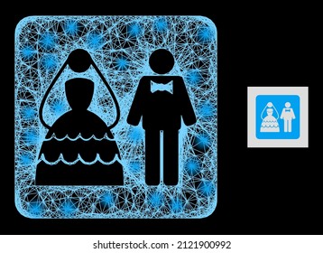 Bright crossing mesh wedding couple with glowing spots on a black background. Bright vector constellation based on wedding couple pictogram, with hatched mesh and lightspots.