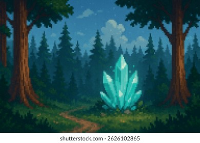 Bright crystal stands on a forest path under a starlit sky. This pixel art scene combines nature, fantasy, and retro charm — perfect for RPG-style environments.